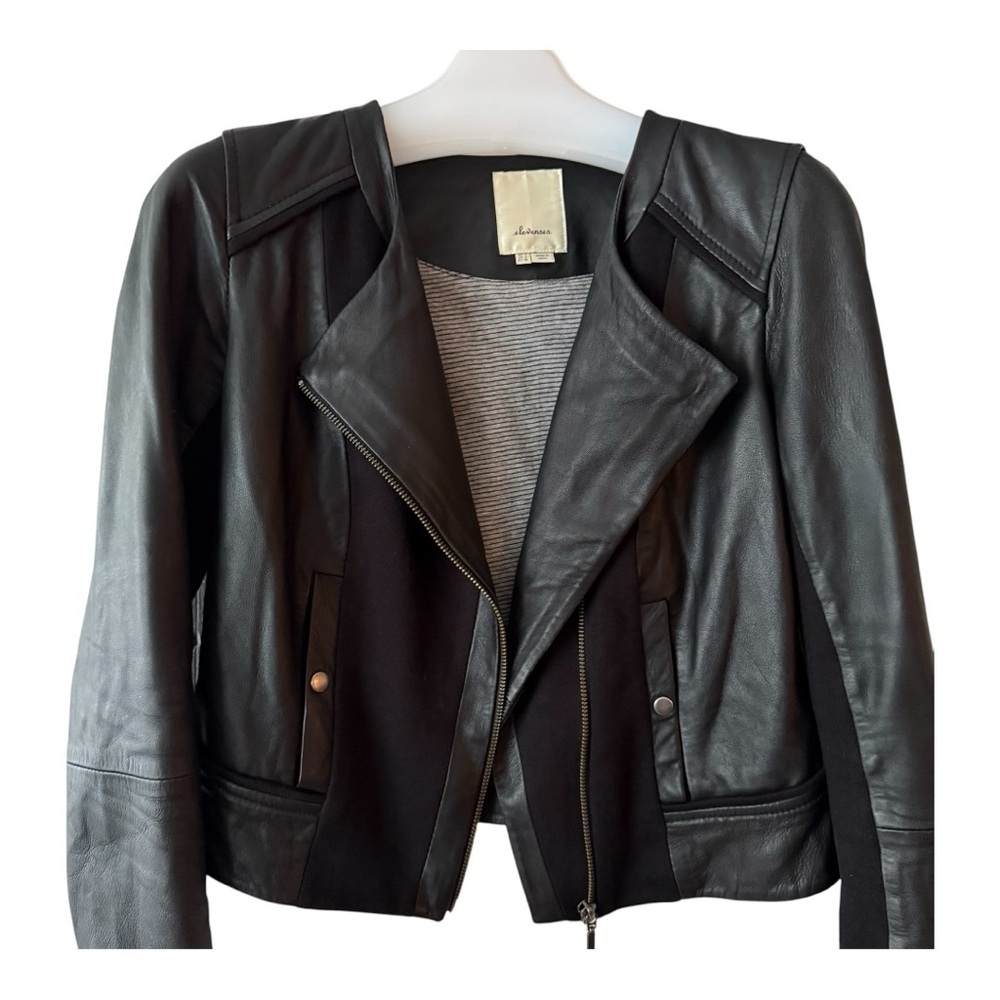 Anthropologie Elevenses Black Leather Motorcycle Jacket with Asymmetrical Zipper